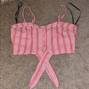 Red and White Striped Crop Top w Tie at Bottom